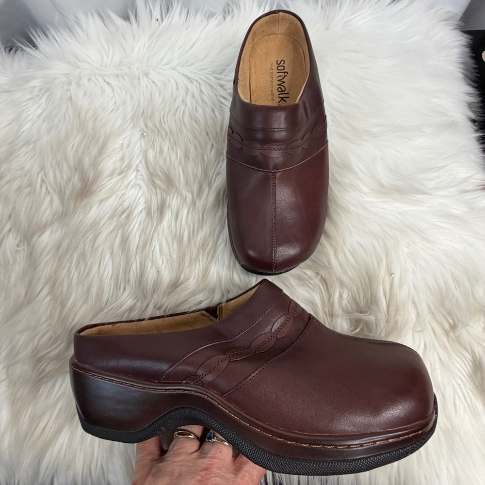 Softwalk Women Brown Leather Clog Mules Scalloped Stitch Slip On Comfort Shoes